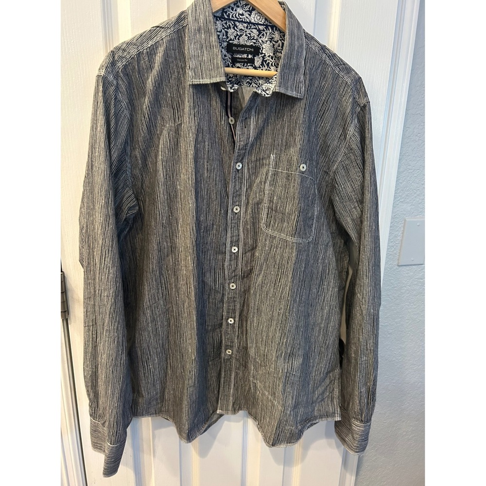 Bugatchi Mens Classic Fit‎ Button Down Shirt Navy White Stripe Cotton L/S